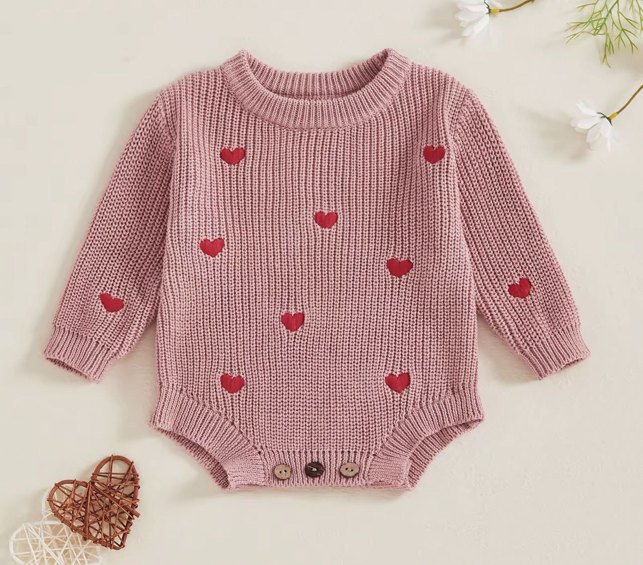 Pre order Valentines chunky knit embroidered heart rompers