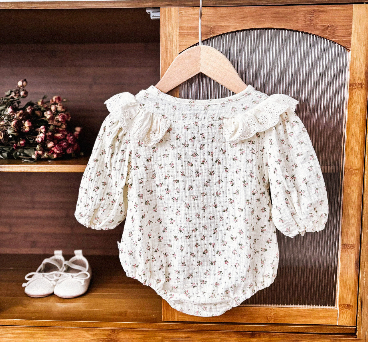 Spring summer dusky pink floral muslin romper (pre order)