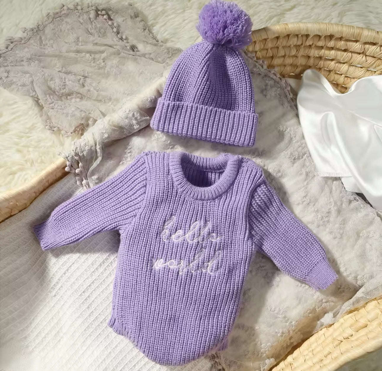 Pre order ‘Hello World’ embroidered chunky romper and hat