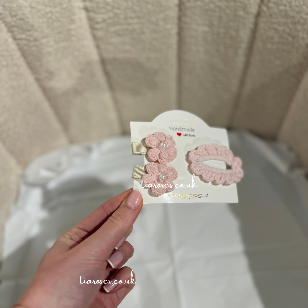 In stock handmade pink crotchet hair clips