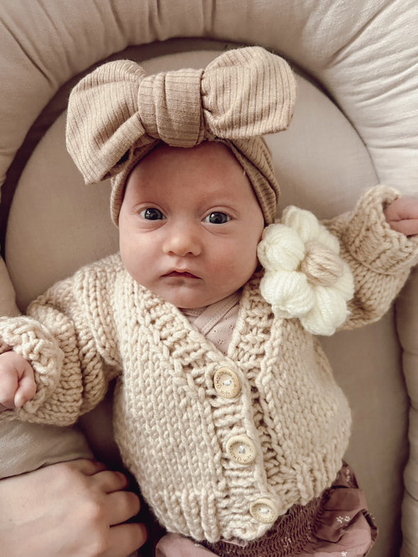Handknitted beige chunky flower cardigan