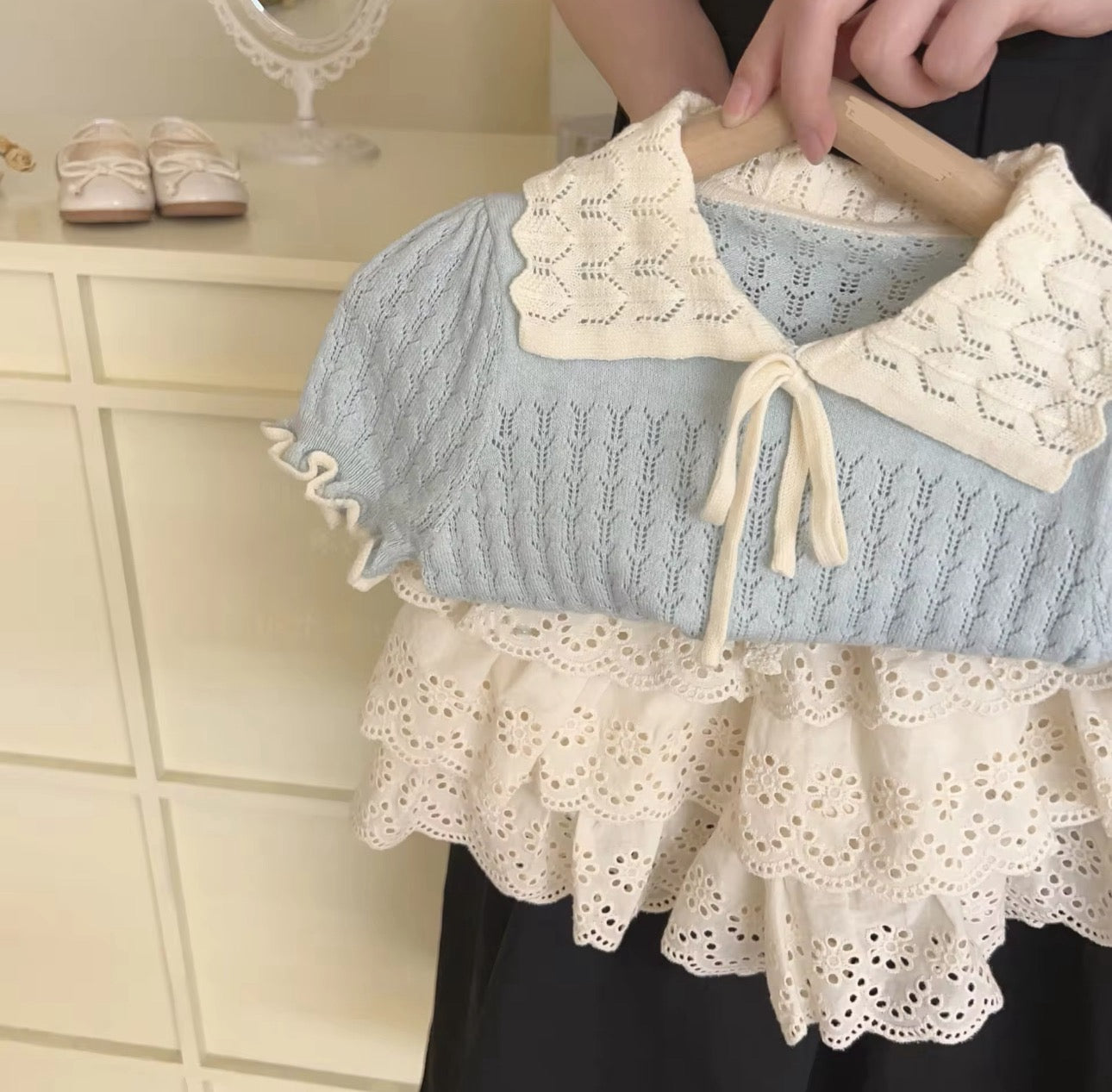 Pre order knit top and ruffle skort set