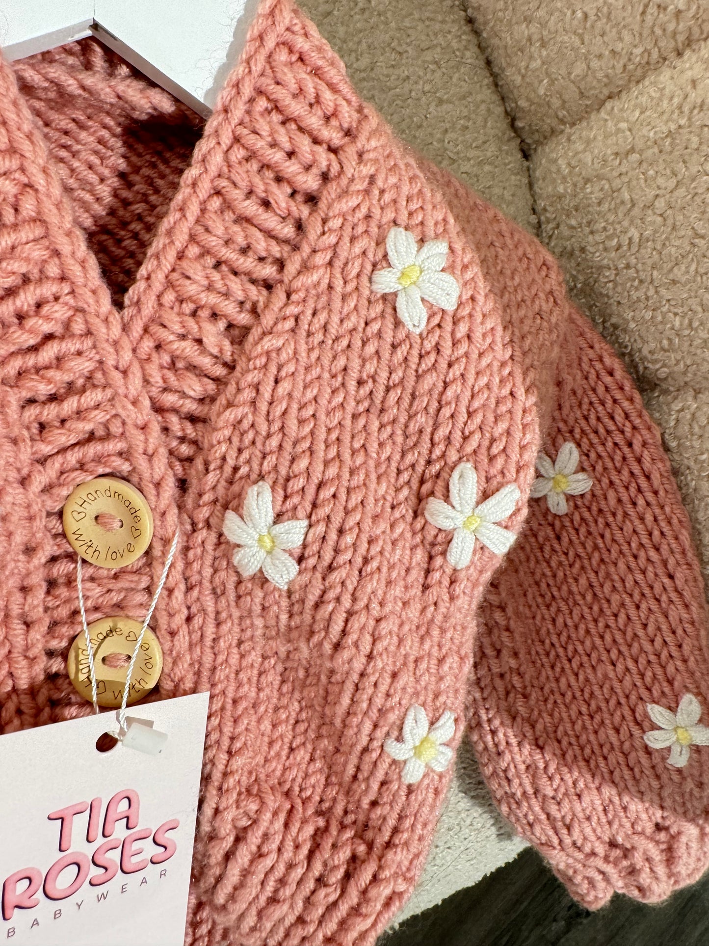 Hand knitted chunky cardigan cream bow