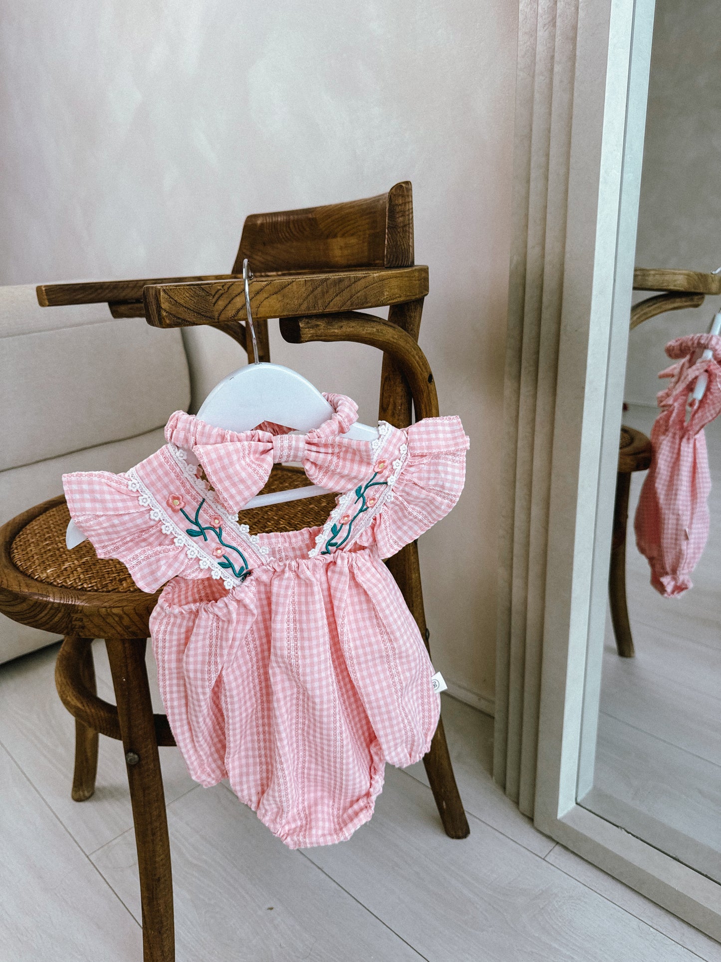 In stock summer gingham embroidered flower detail romper & headband