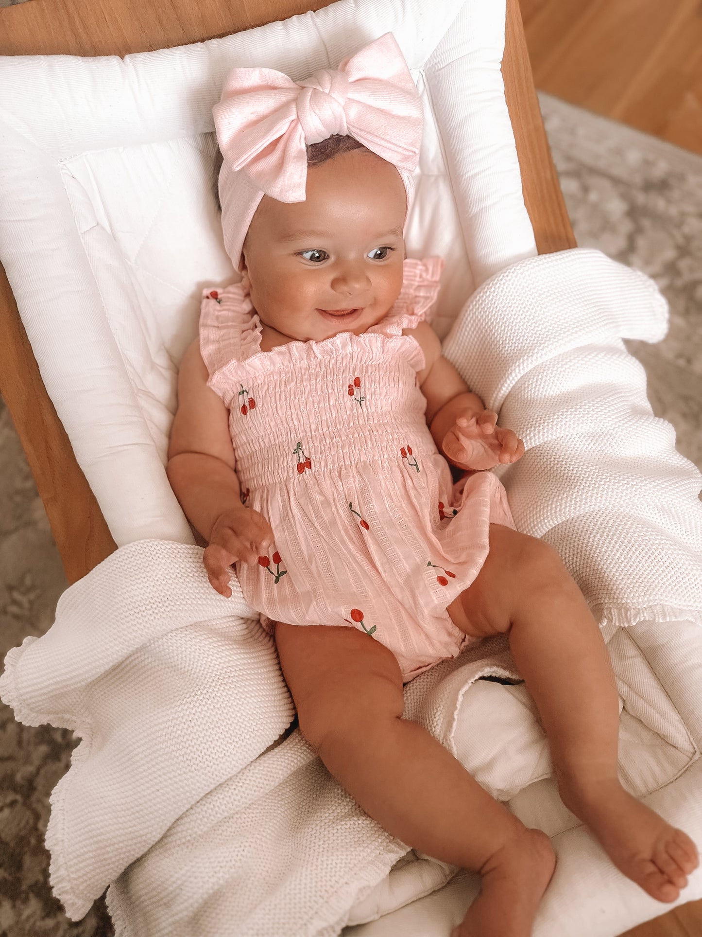 In stock spring/summer cherry pink ruffle romper and cherry print headband
