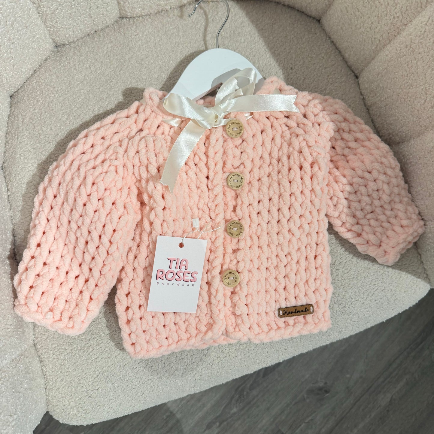 In stock Pink soft knit ribbon cardigan