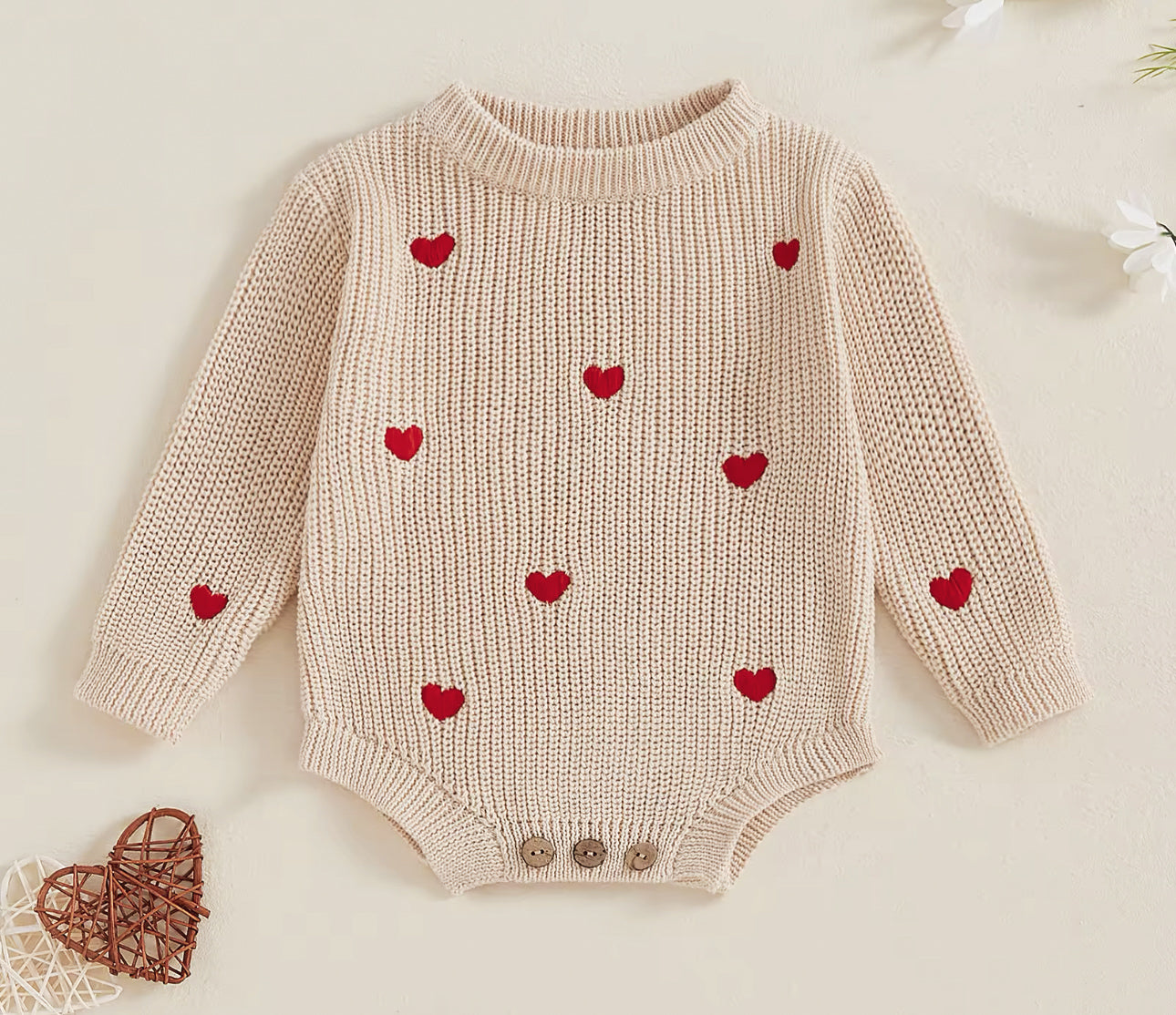 Pre order Valentines chunky knit embroidered heart rompers
