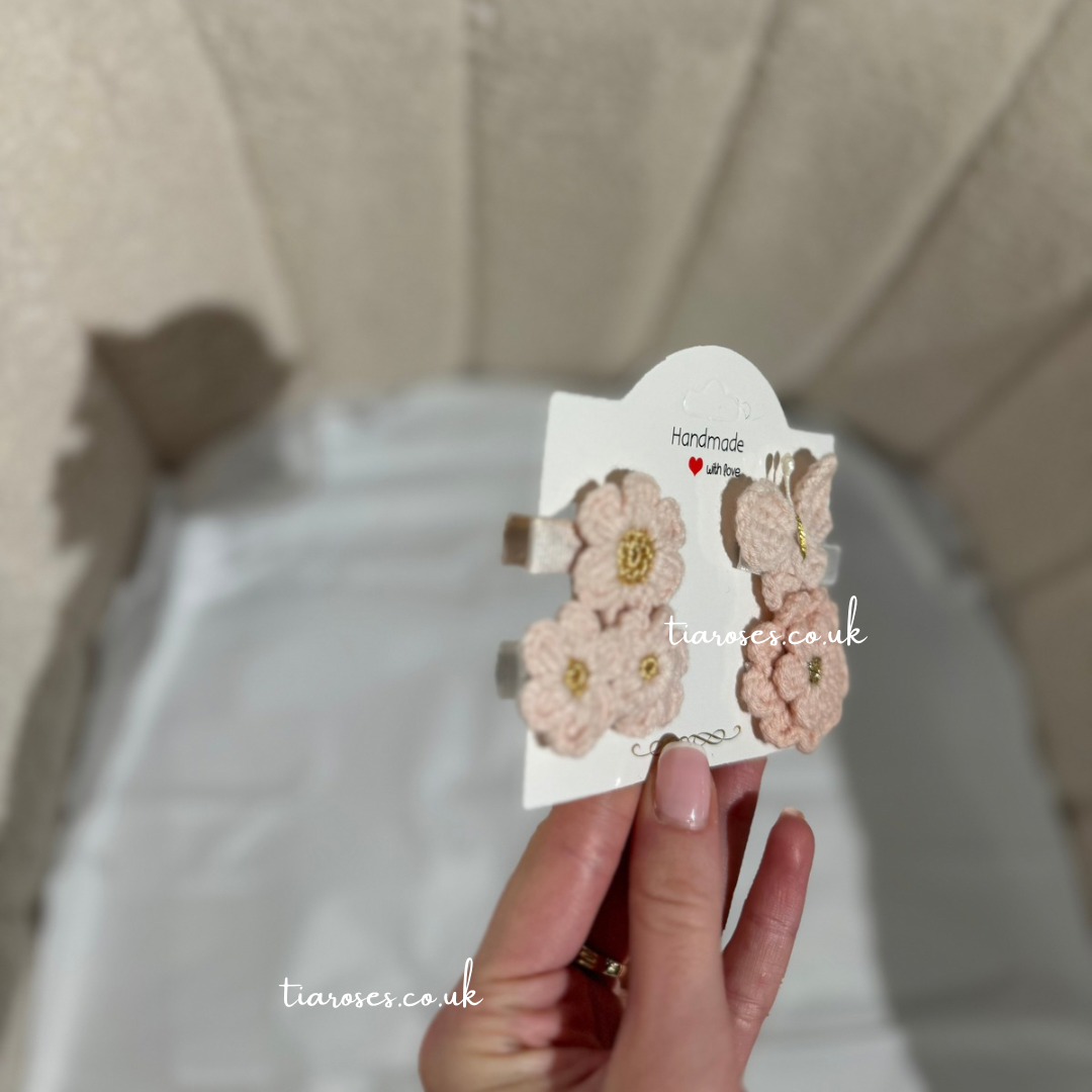 In stock pink handknitted crotchet hair clip set