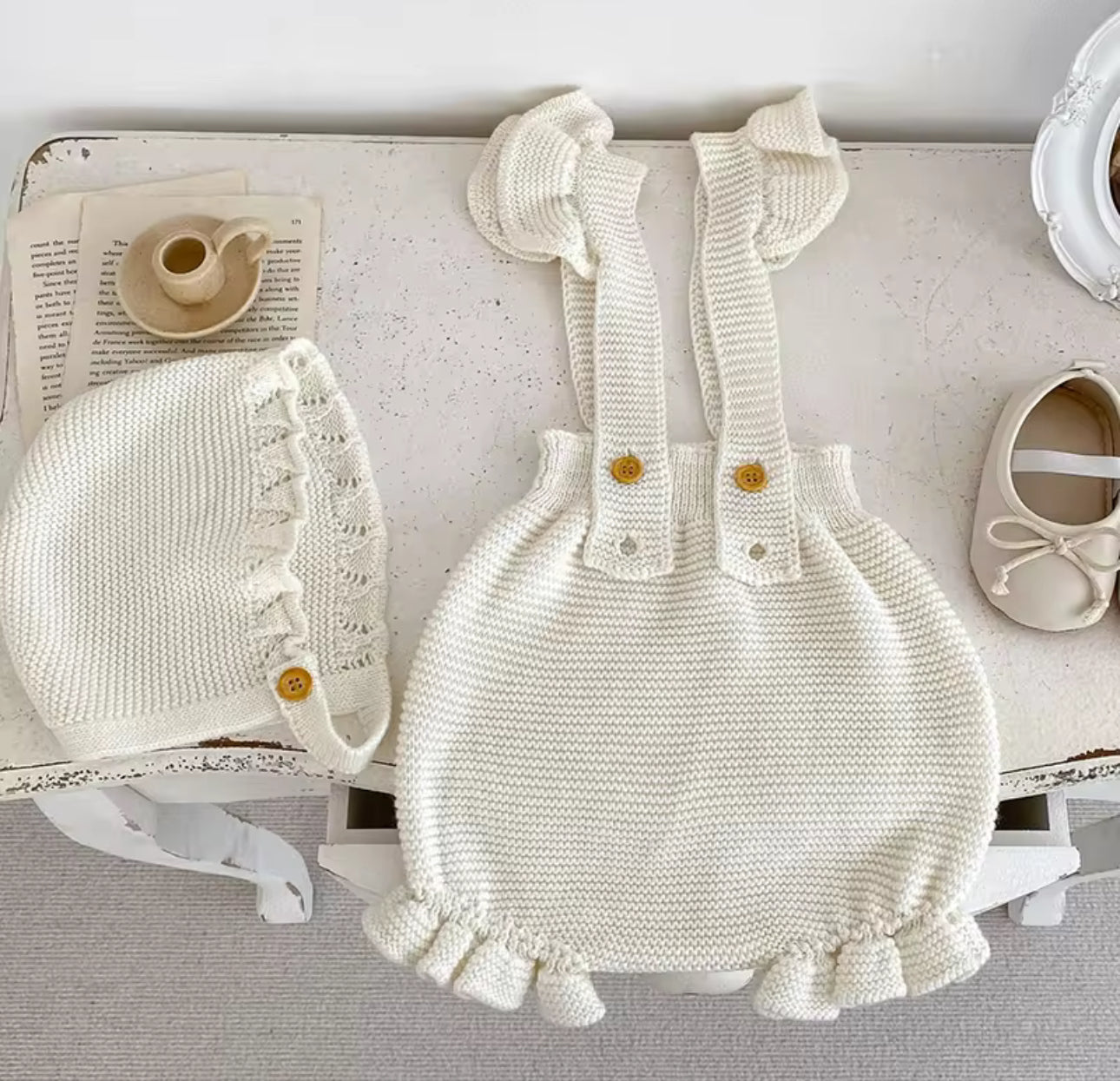 Pre order knit romper and bonnet set