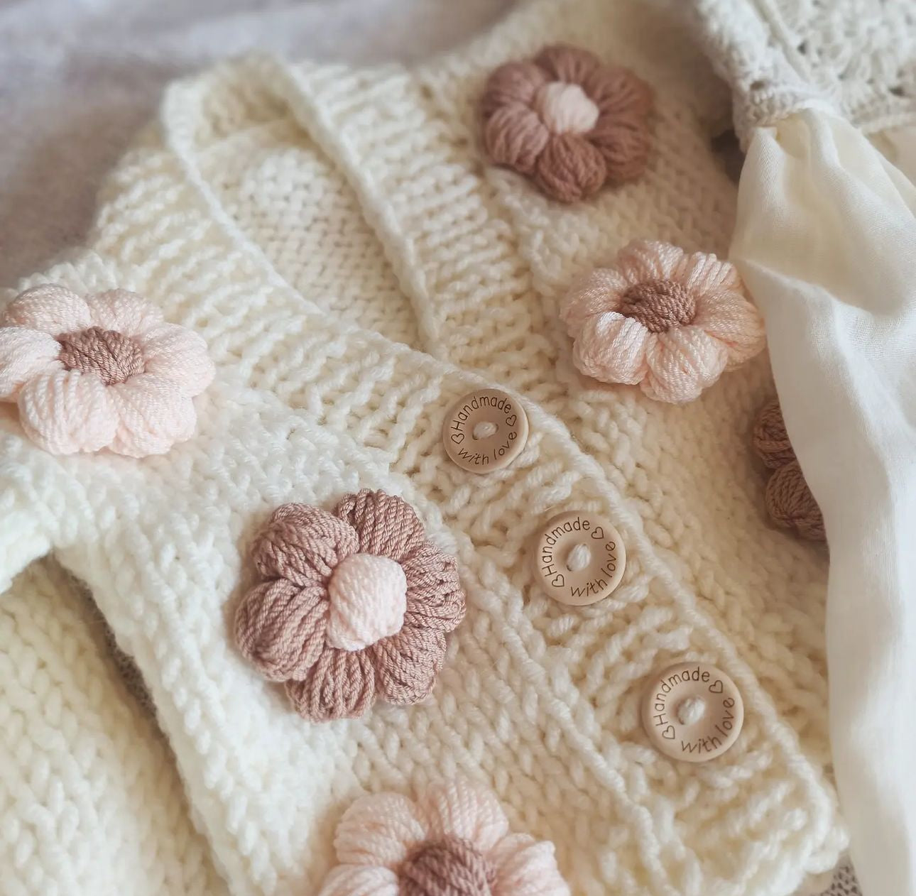 In stock Beige & raspberry flowers hand knitted cardigan