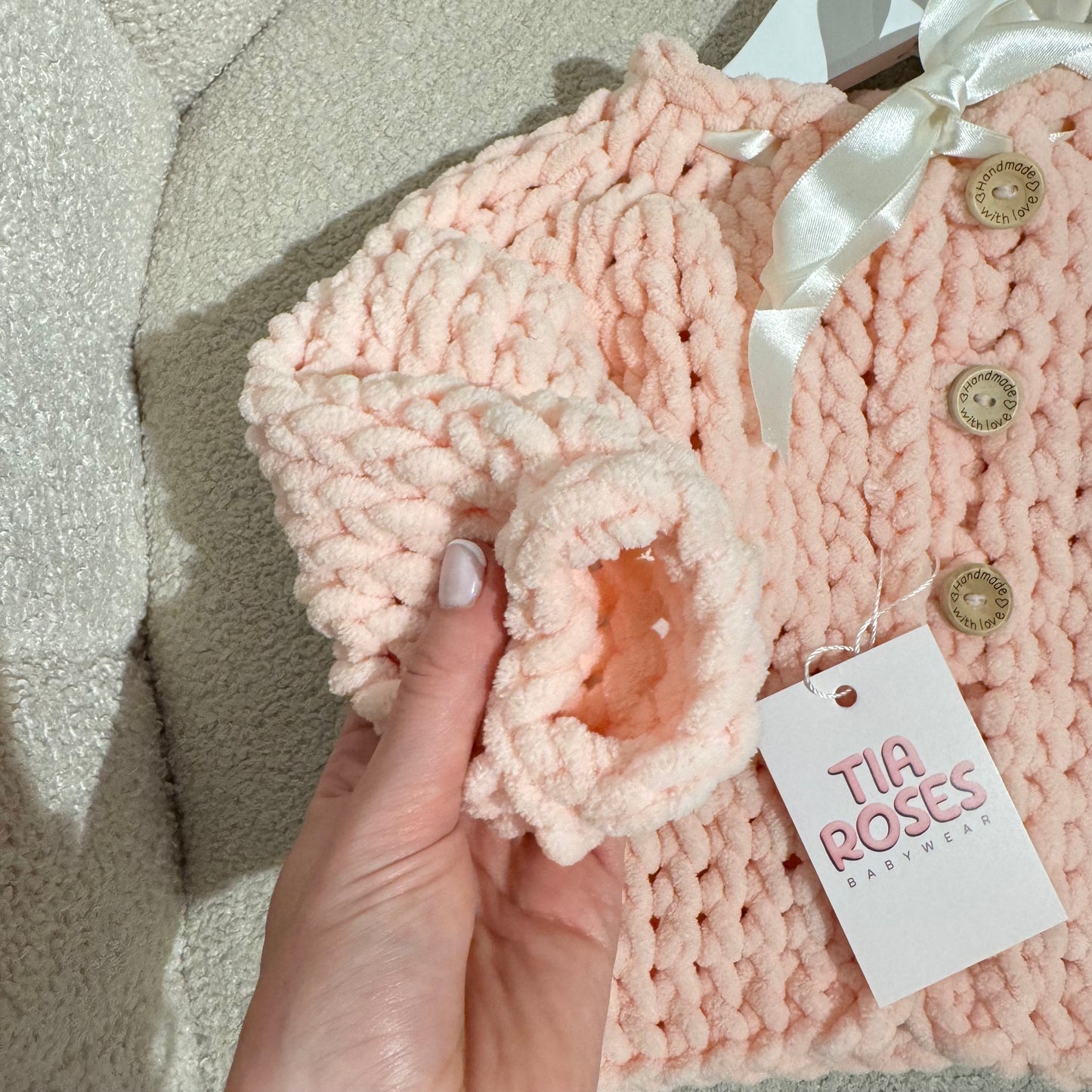 In stock Pink soft knit ribbon cardigan
