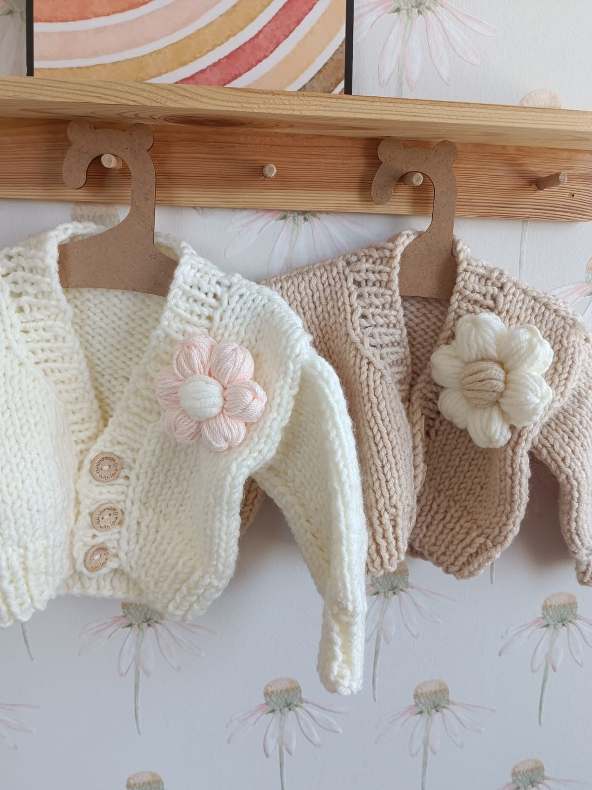 Hand knit flower cardigan beige