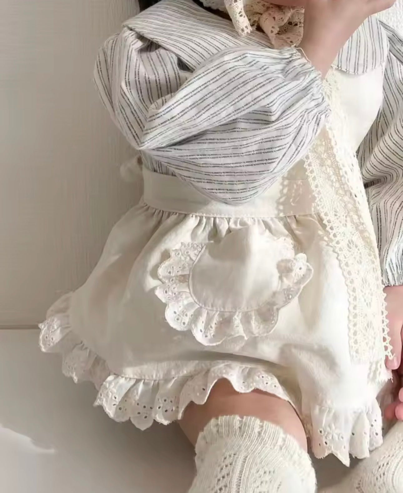 Cream romper and baby blue stripe collar top set