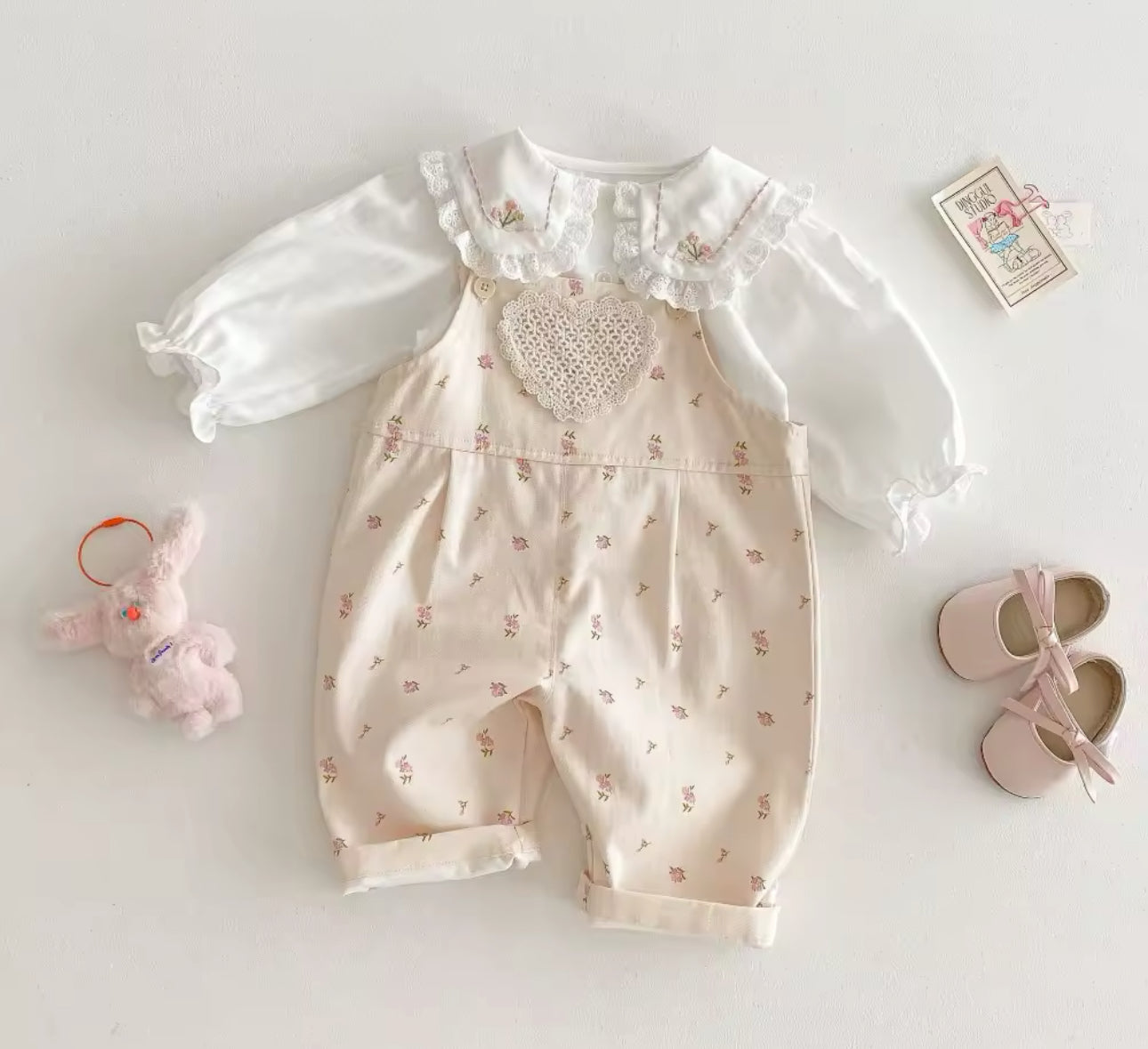 Pre order spring floral print denim dungarees and embroidered flower collar shirt