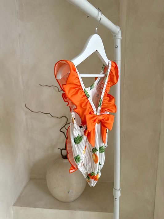 In stock summer oranges ruffle bow swimming costume