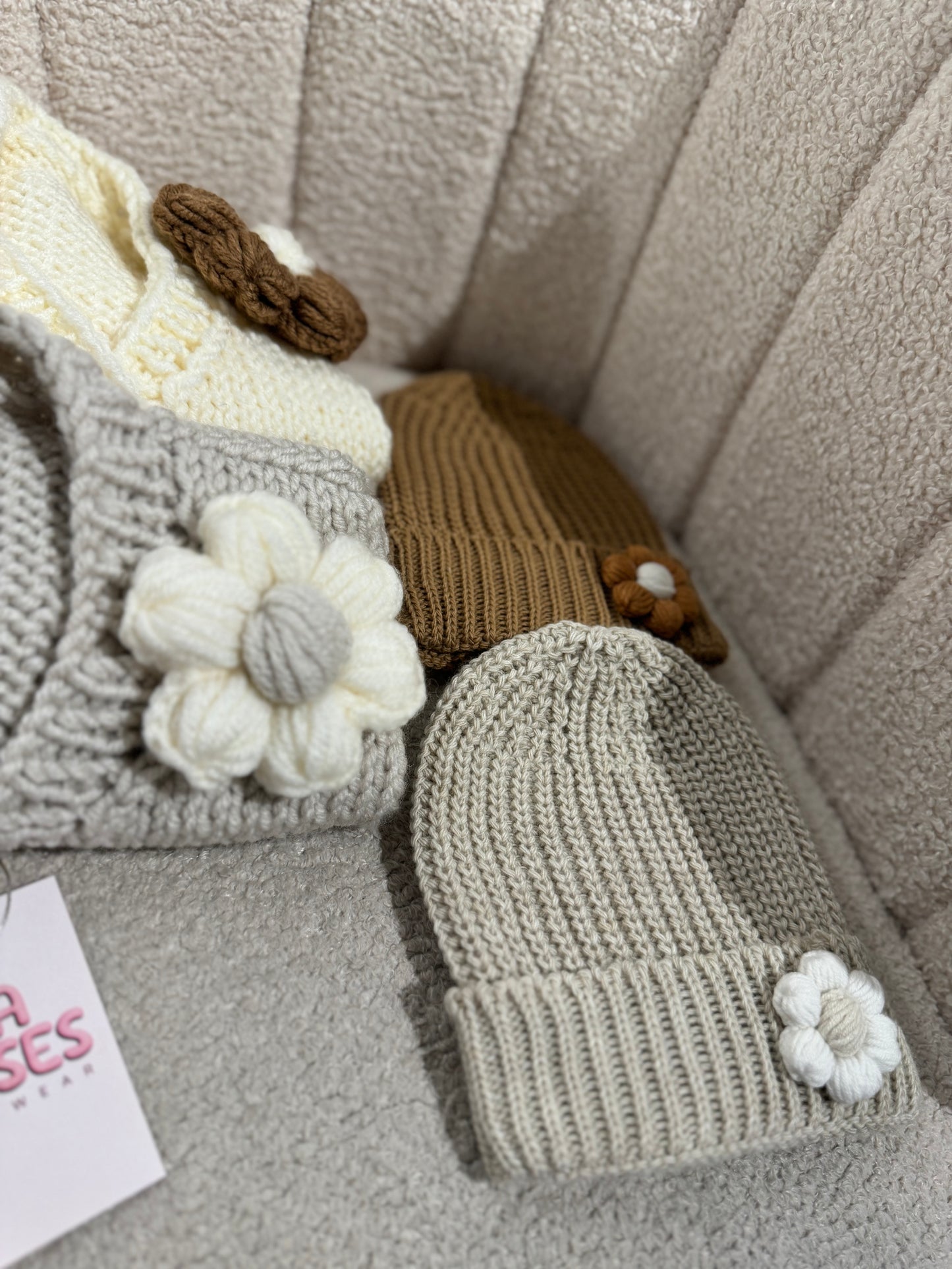 In stock handknit flower hat
