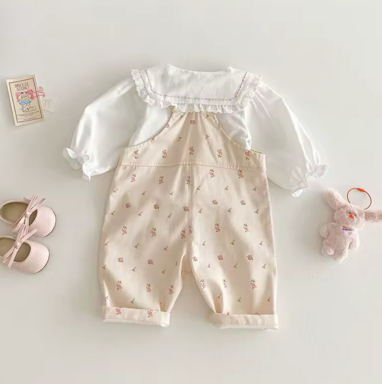 Pre order spring floral print denim dungarees and embroidered flower collar shirt