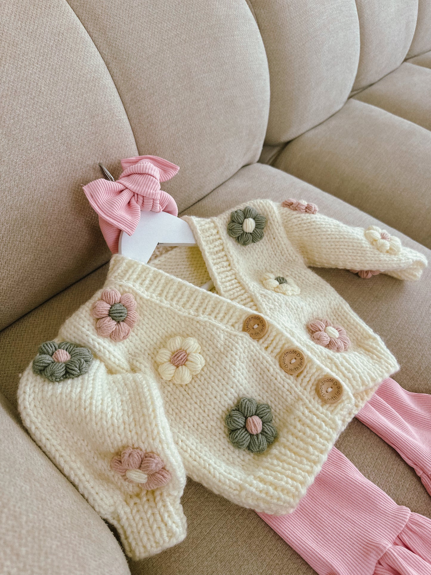 Handknitted summer pink cream and sage flower cardigan