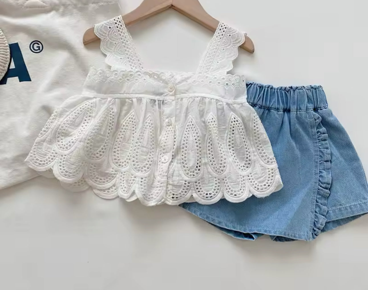 Two piece spring summer white lace top and denim skort