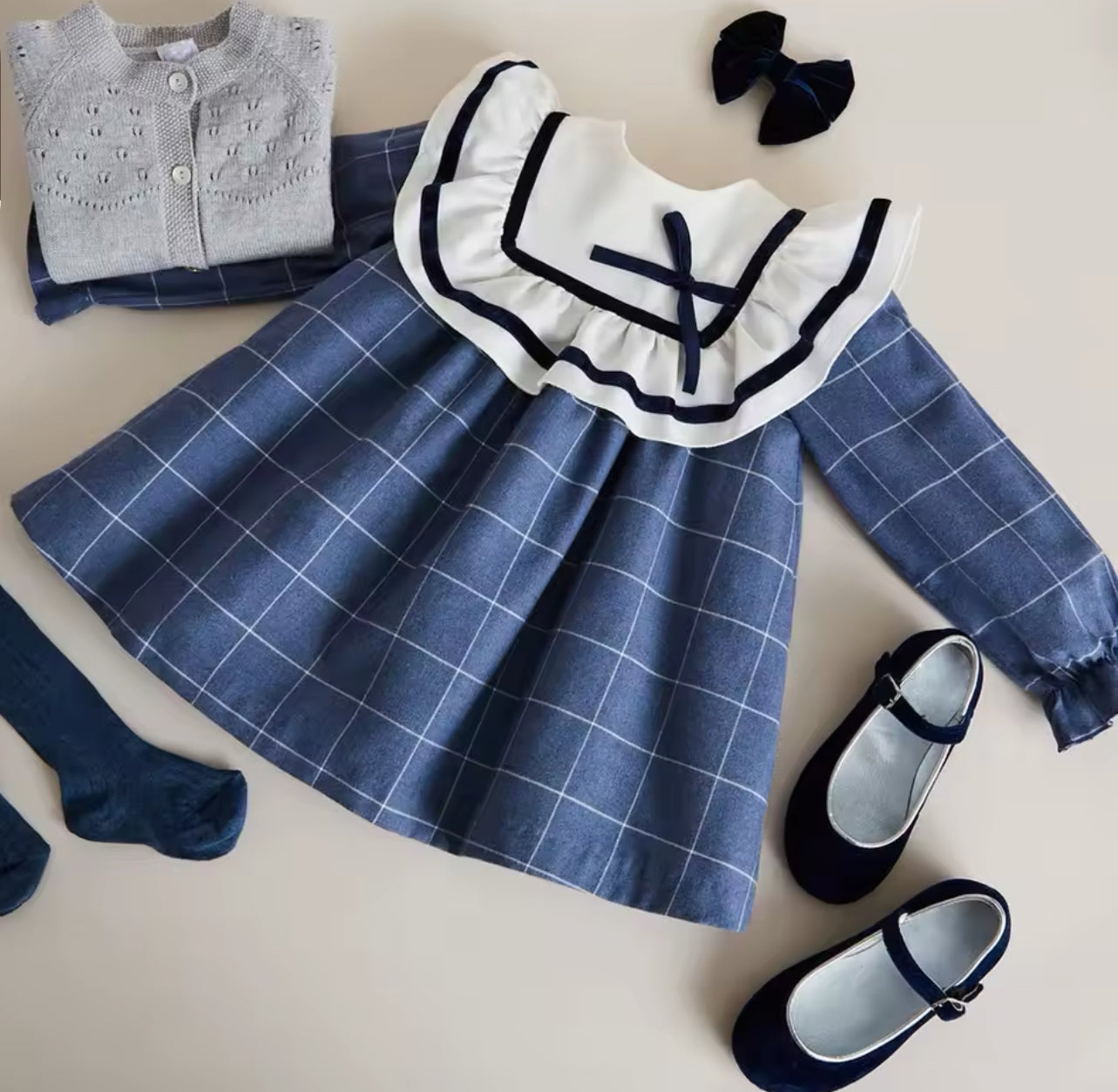 Spring collection navy velour bow frill dress (pre order)