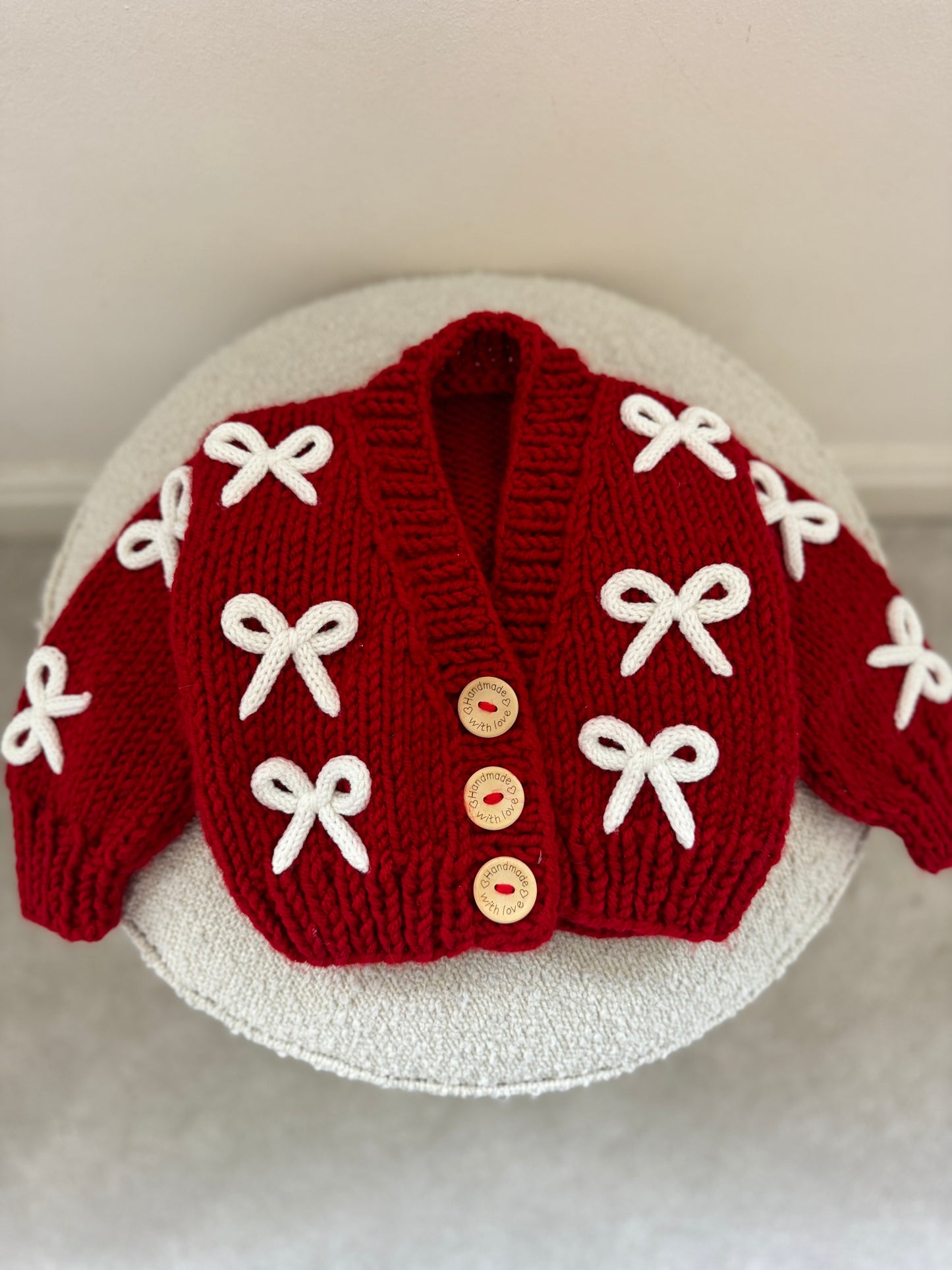 Christmas red and white bow handknitted cardigan