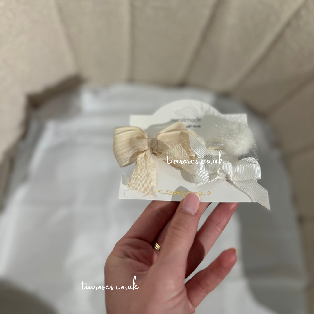 In stock handmade beige bow and Pom Pom set