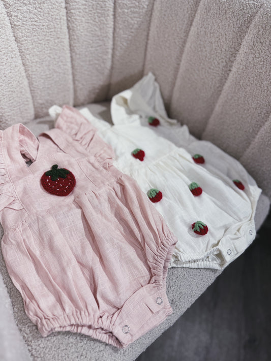Hand crotchet spring strawberry rompers pre order