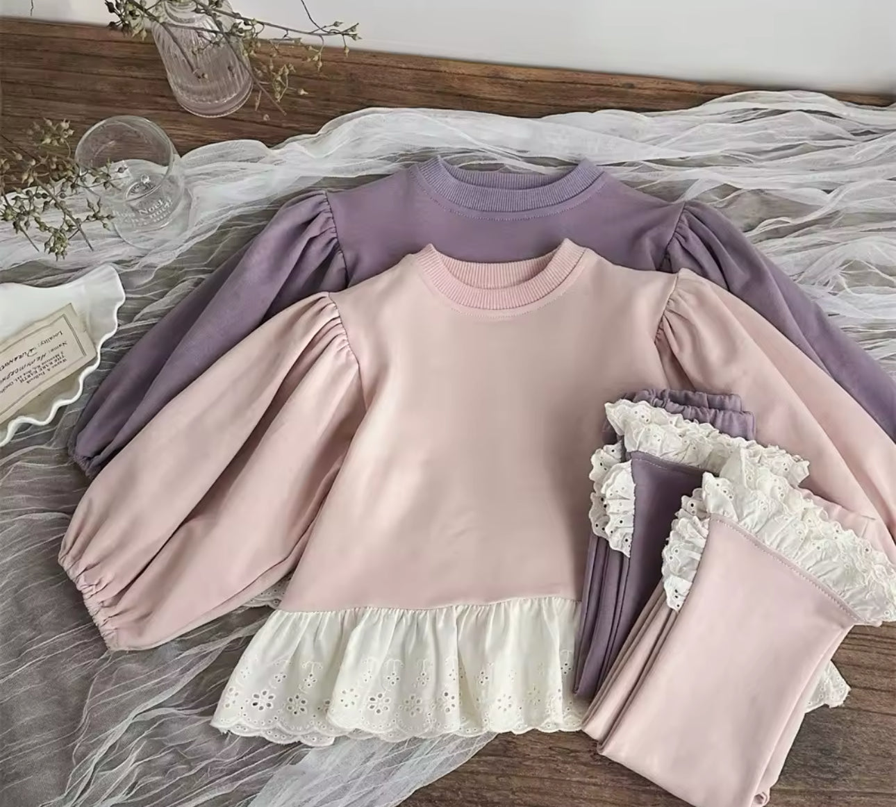 Two piece cotton lace trim spring sets (pre order)