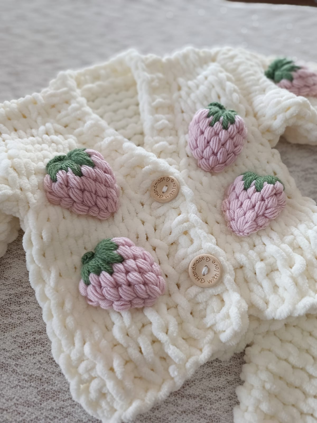 Pre order Soft white hand knit knit pink strawberry cardigan