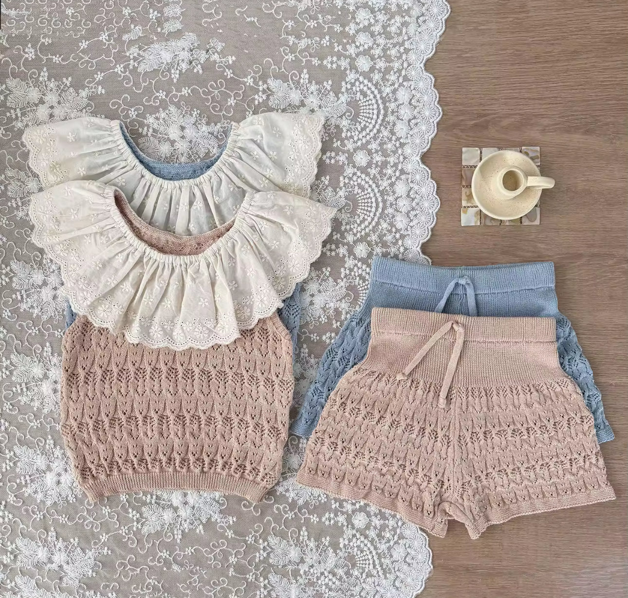 Summer knit two piece lace trim sets