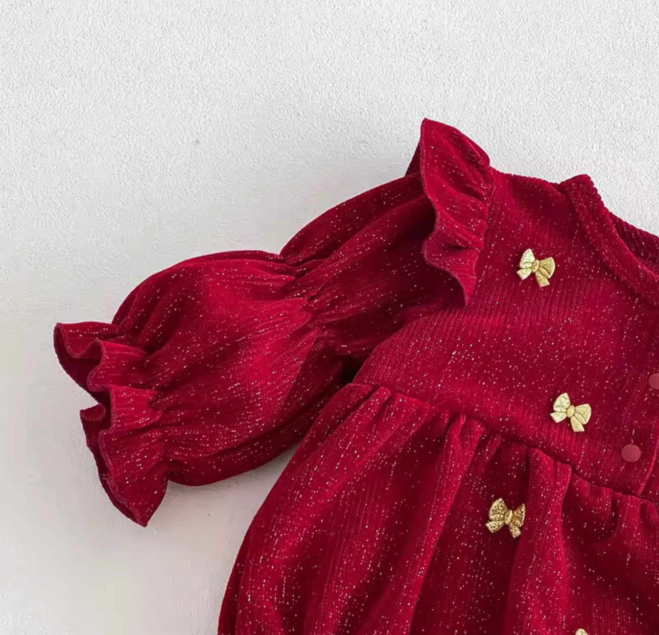 Gold embroidered bow red Christmas romper