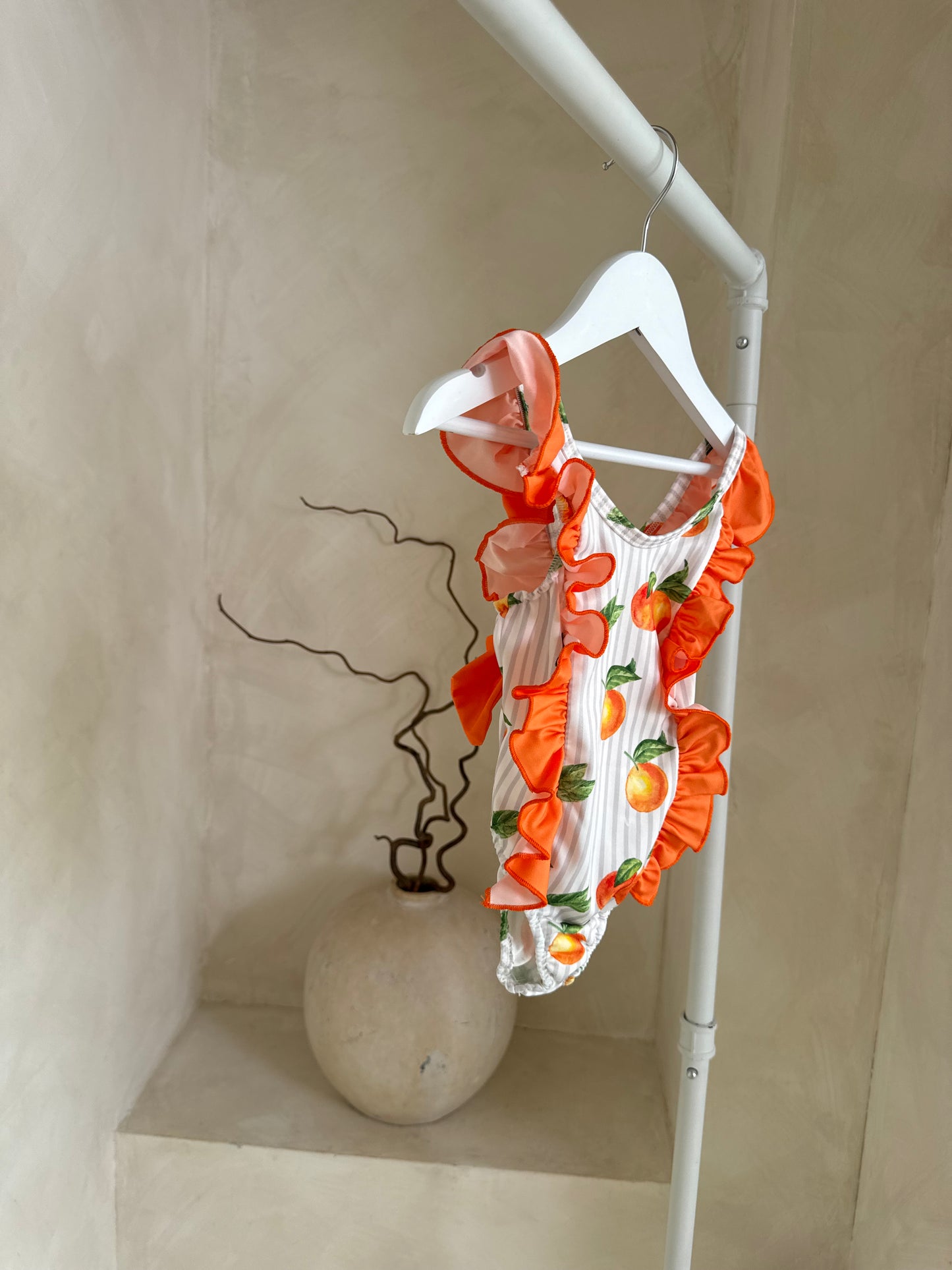 In stock summer oranges ruffle bow swimming costume