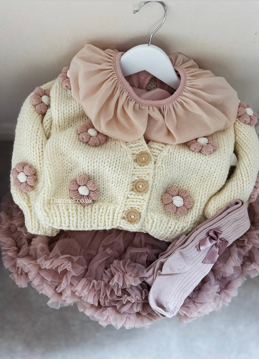 Handknitted cream flower cardigan, top, tutu and tights 4 piece set