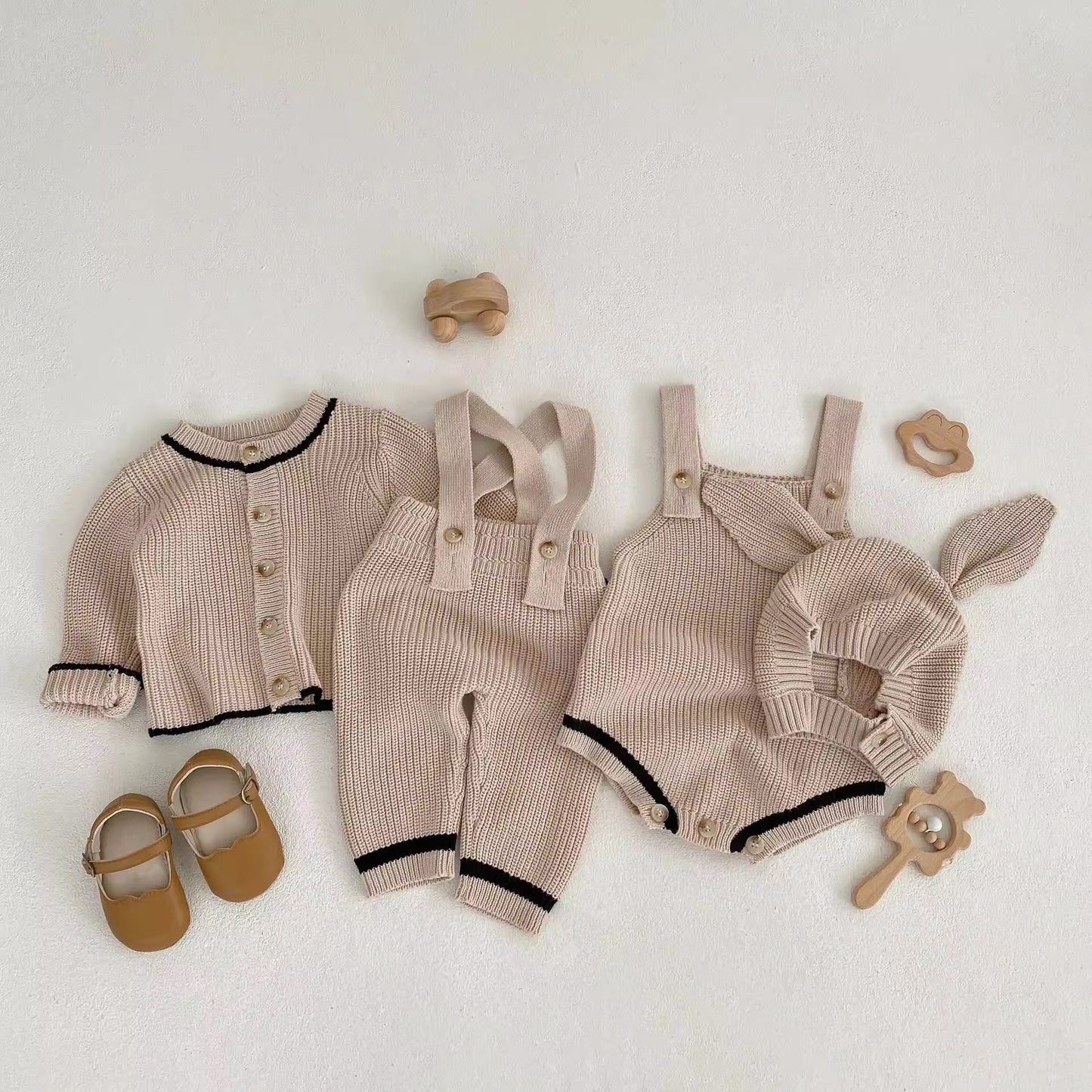 Pre order beige and black stripe knit collection (dungarees only)