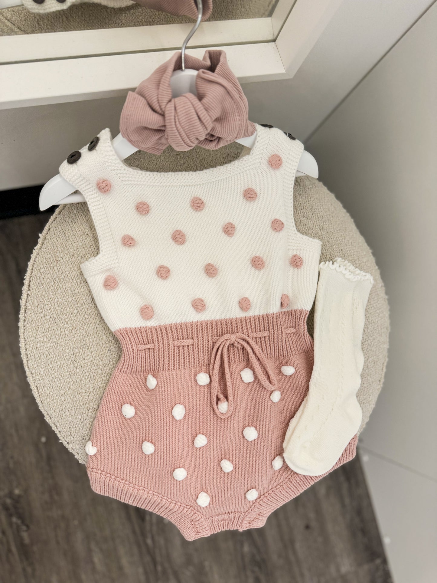 In stock spring pink and white knit bobble romper/set