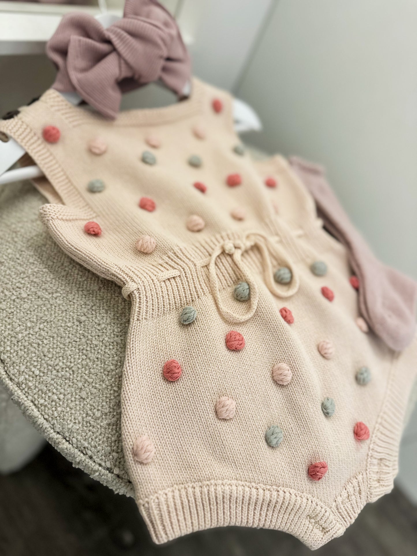 Pre order spring beige multi knit bobble romper/set