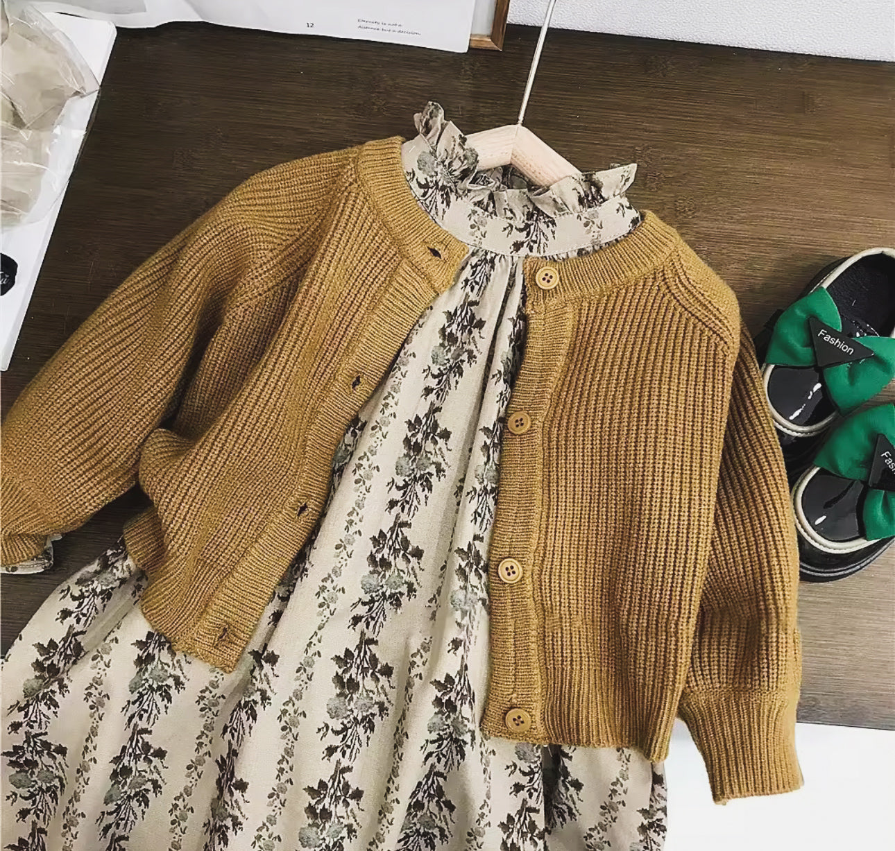 Pre order 2 piece spring floral dress and mustard cardigan set