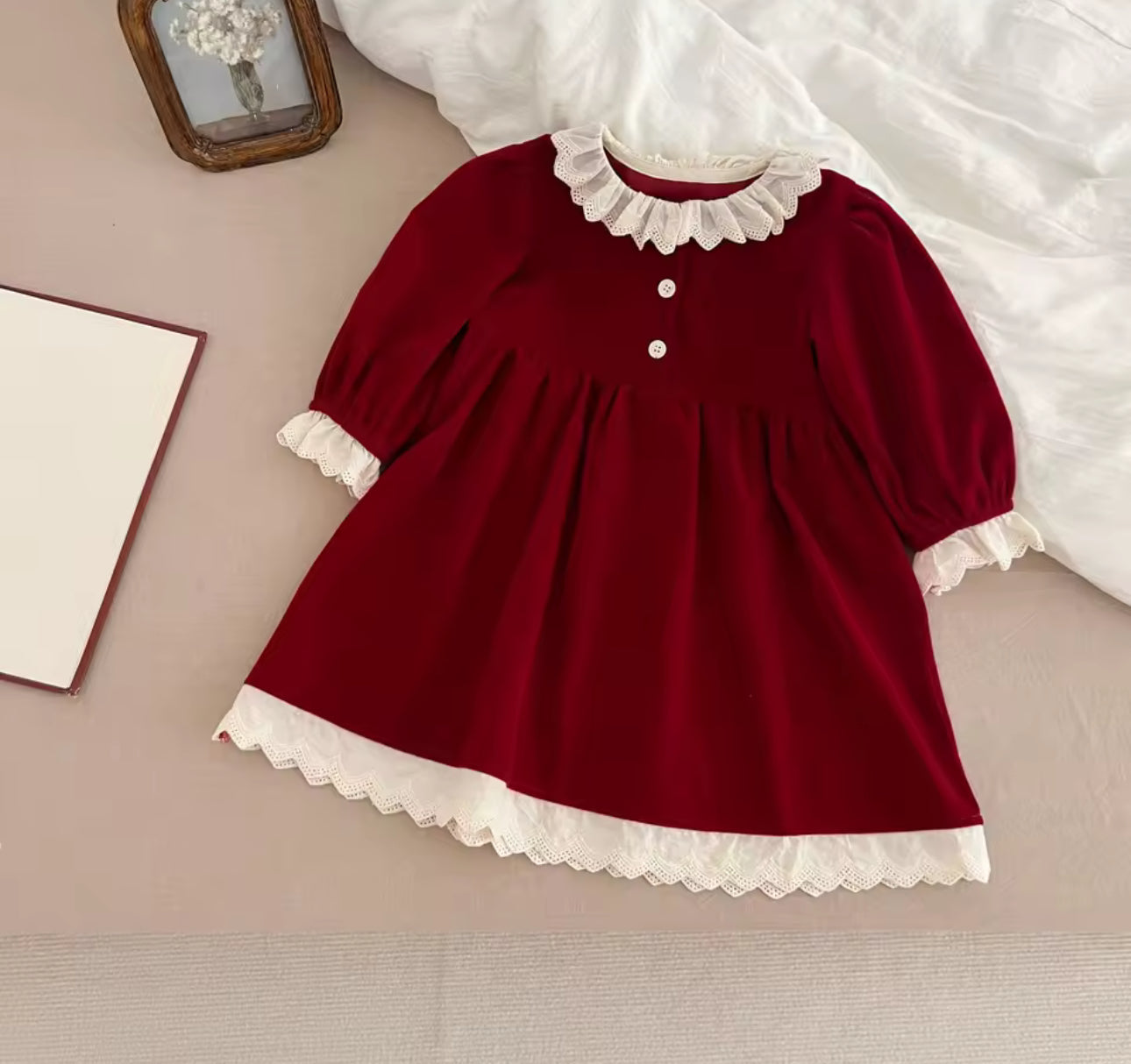 Lace trim velour Christmas romper/dress