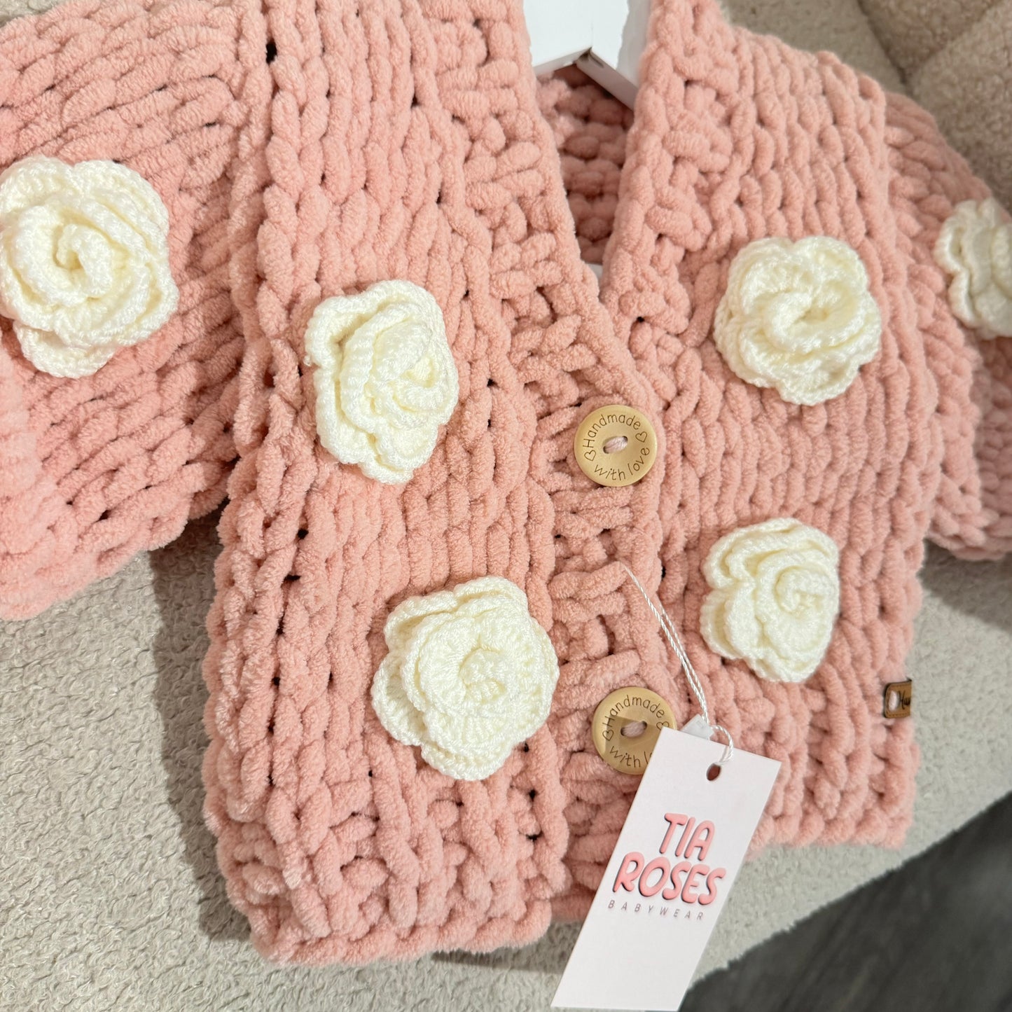 Pre order Soft handknit cardigan with knitted flowers
