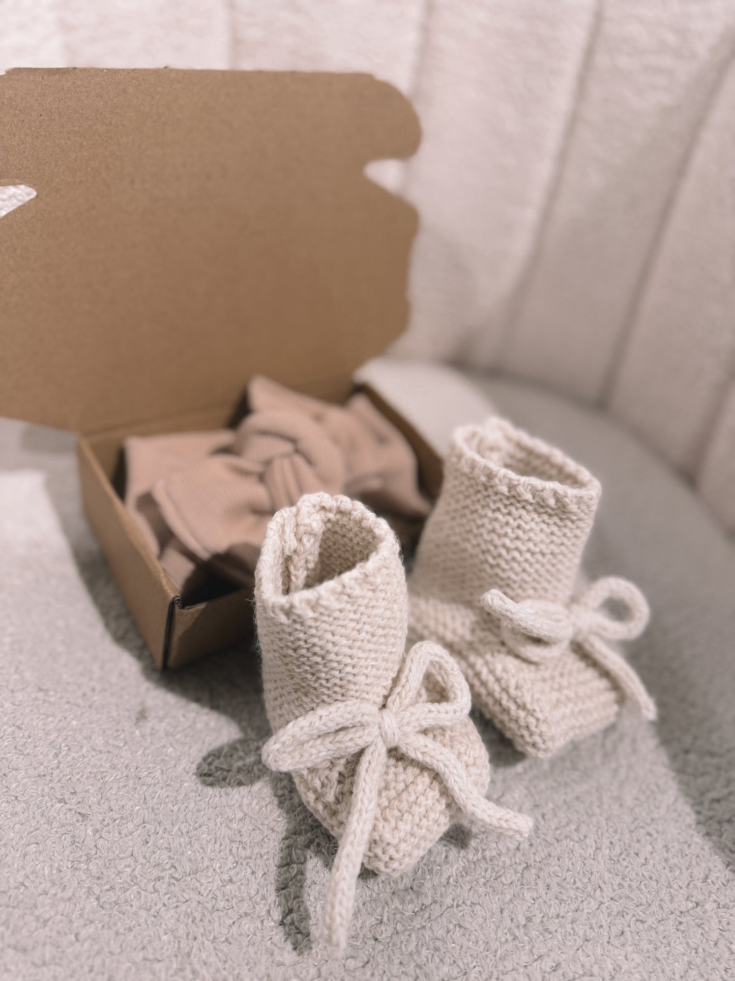 In stock handmade booties and bow boxes