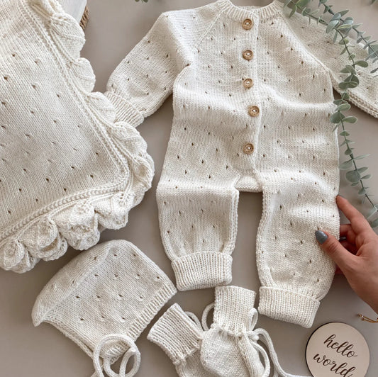 ‘Coming home’ handknitted collection romper/blanket/bonnet/booties