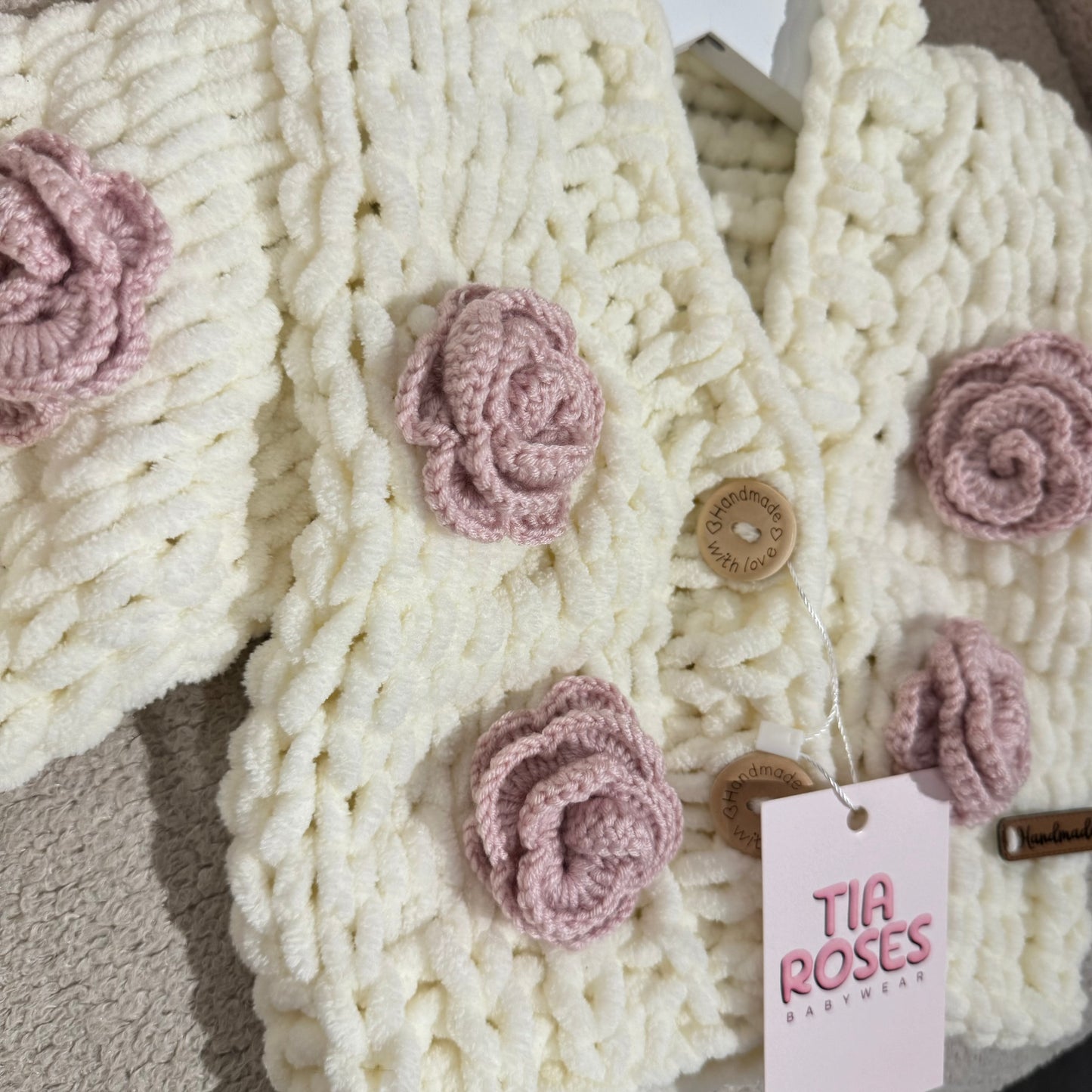 In stock Soft handknit cardigan with purple flowers