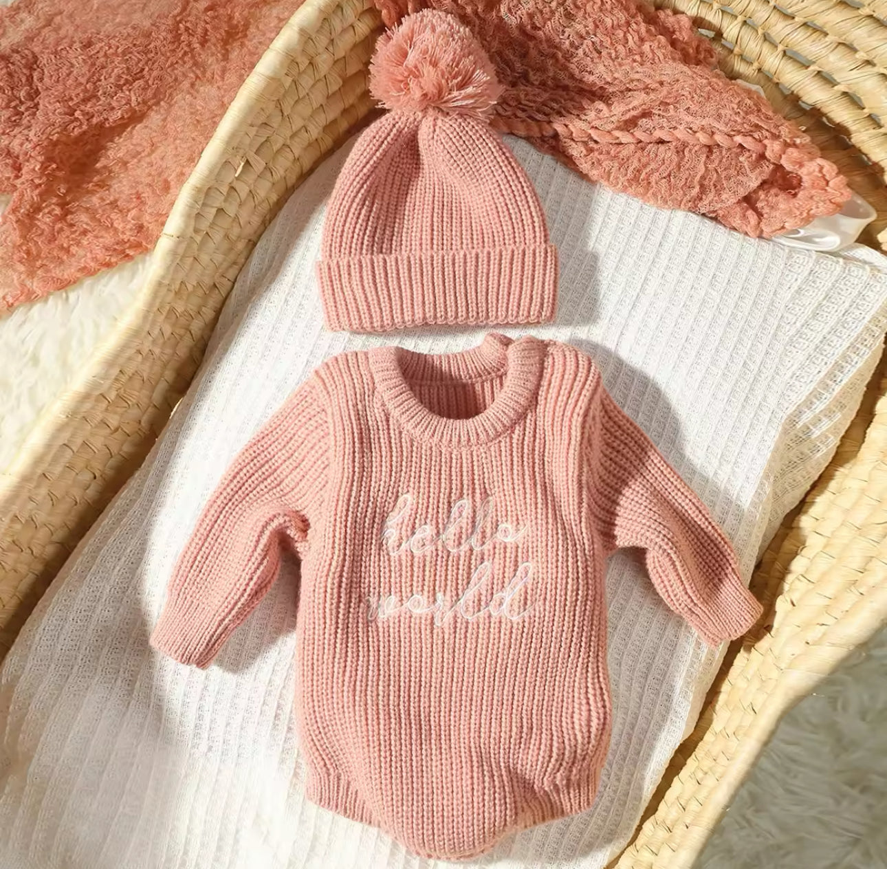 Pre order ‘Hello World’ embroidered chunky romper and hat