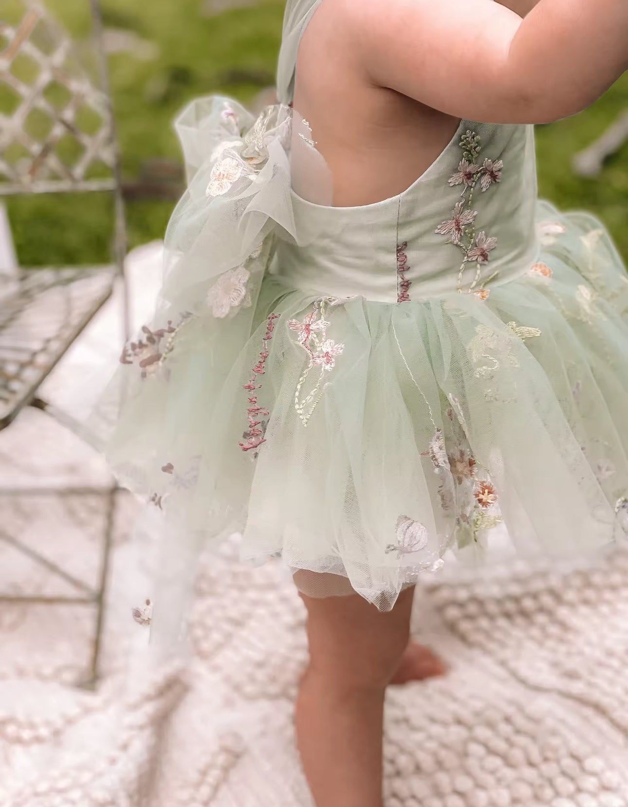 Tutu summer flower embroidered romper dress sage green