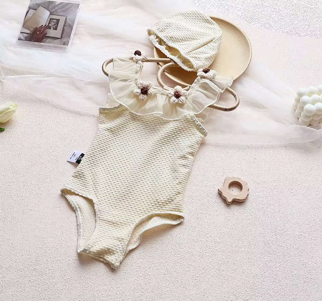Cream knit flower swim set