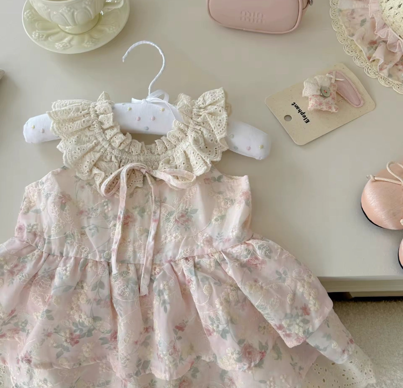 Floral summer dusky pink lace trim dress
