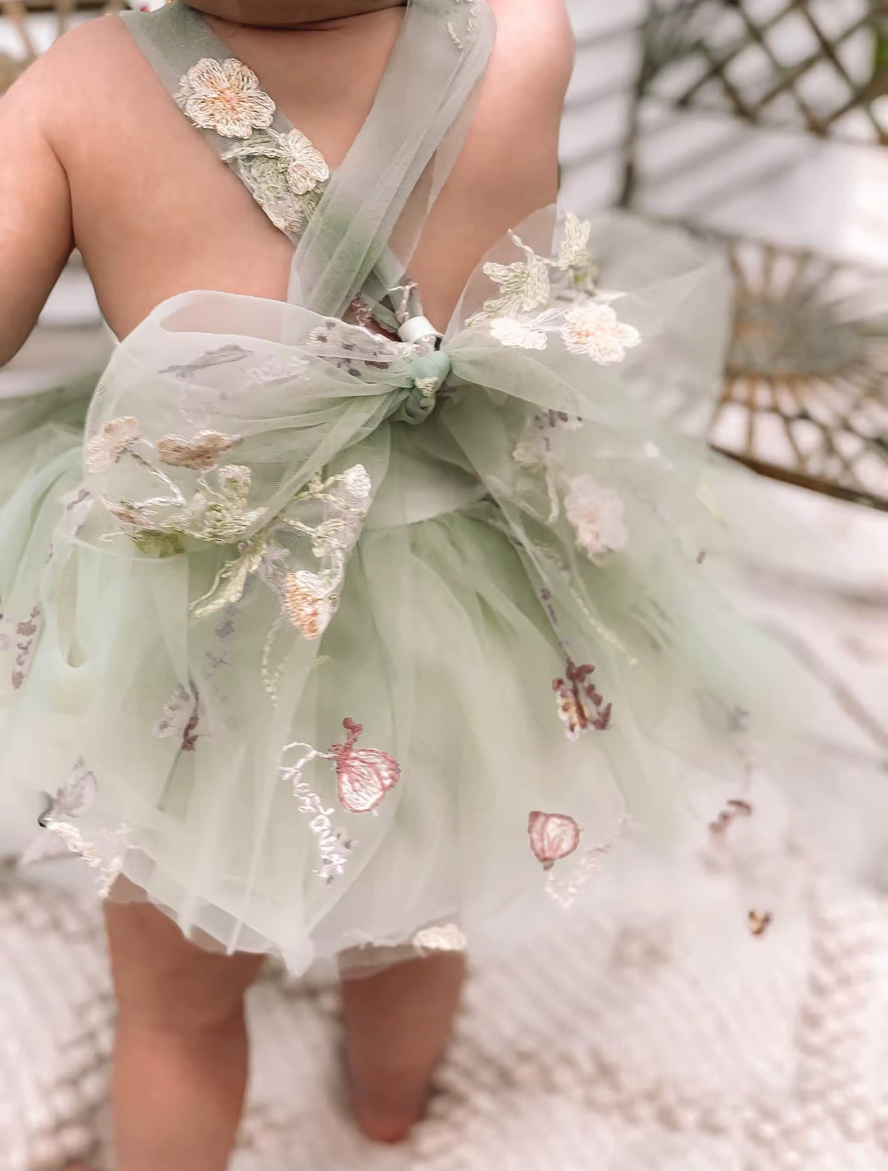 Tutu summer flower embroidered romper dress sage green
