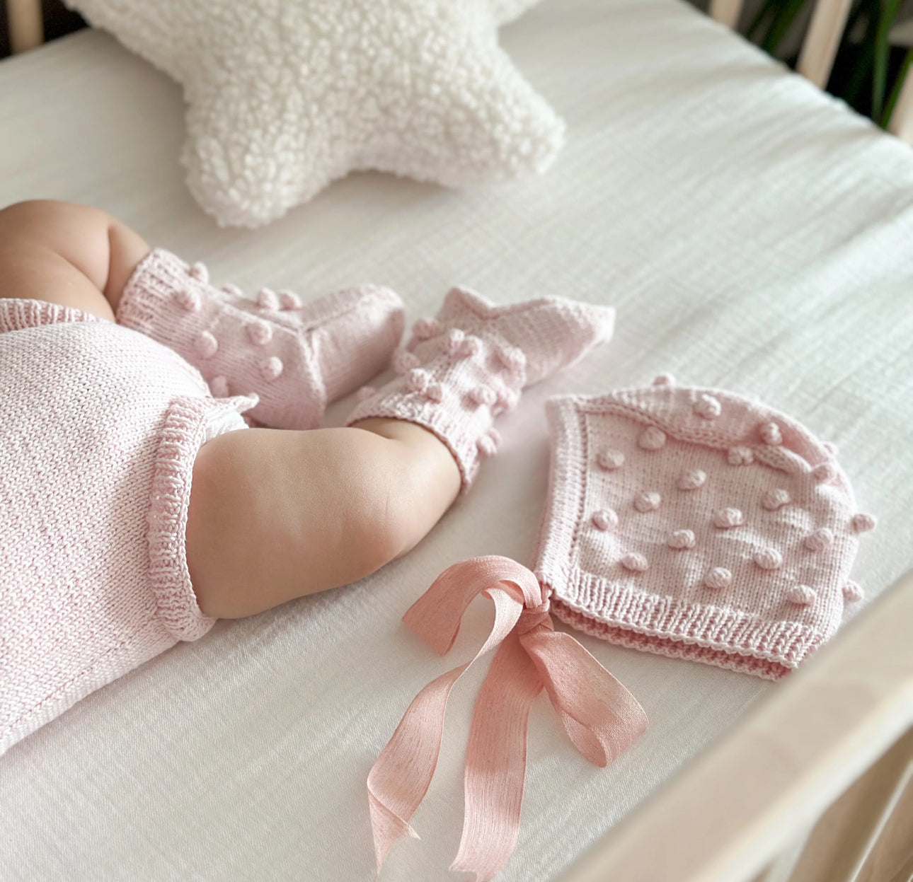 Baby pink handknitted collection romper/bonnet/booties
