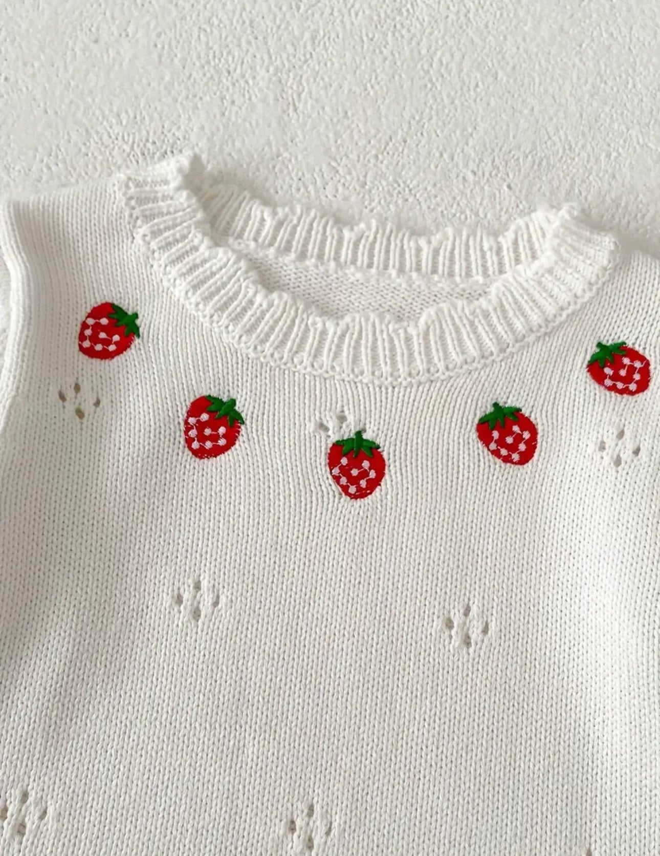 Pre order strawberry embroidered knit romper