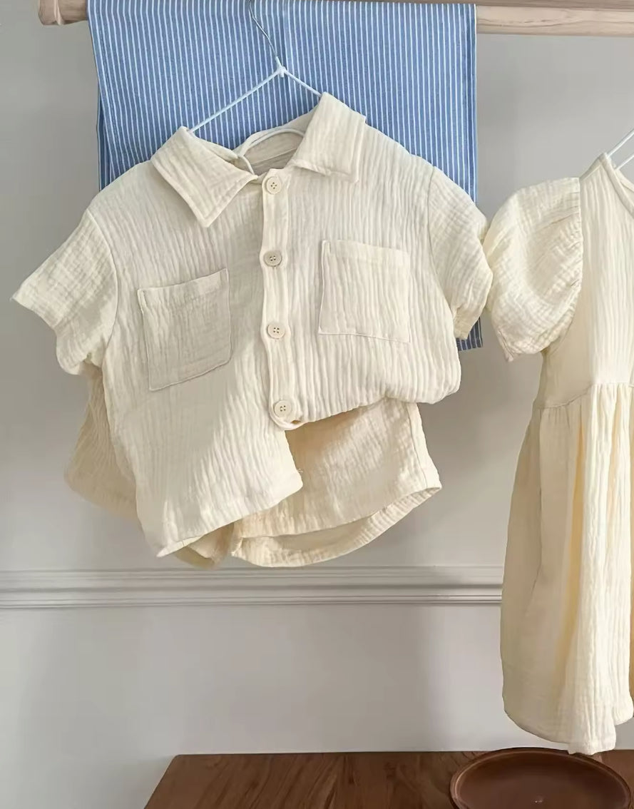 Boys summer cheesecloth cream two piece set